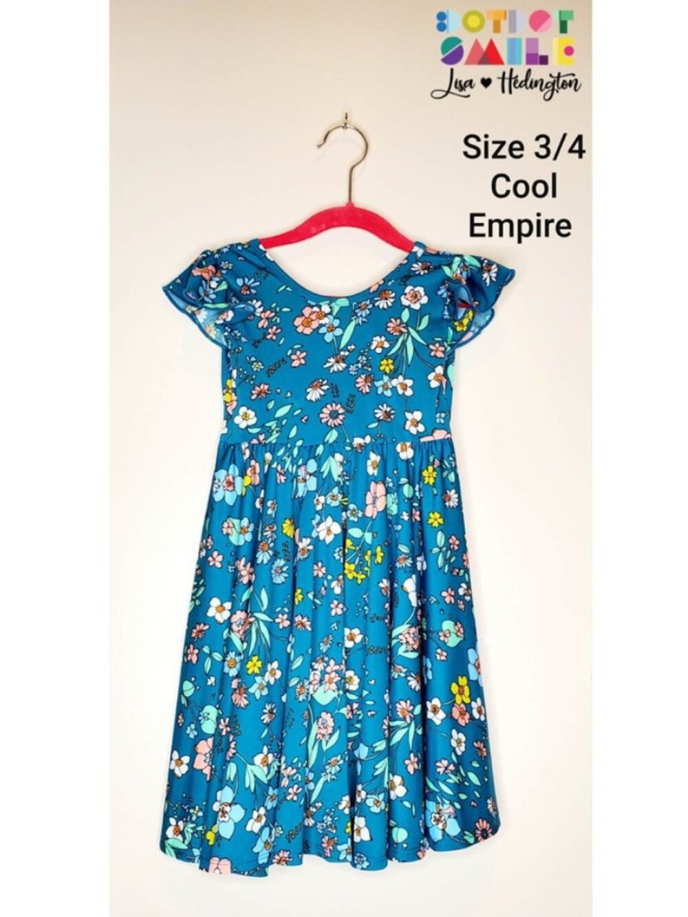 NWT Dot Dot Smile Flutter Sleeve Twirl Dress Teal Wildflowers 3/4